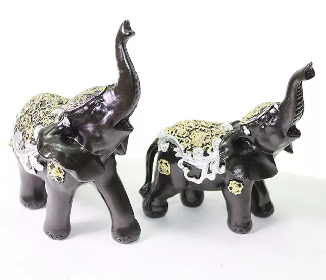 Set of 2 Feng Shui Black Elephants Trunk Statue Lucky Figurine Gift Home Decor