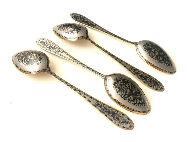 Riesige russische große Löffel aus massivem Niello-Silber, 4 Stück – .875er...