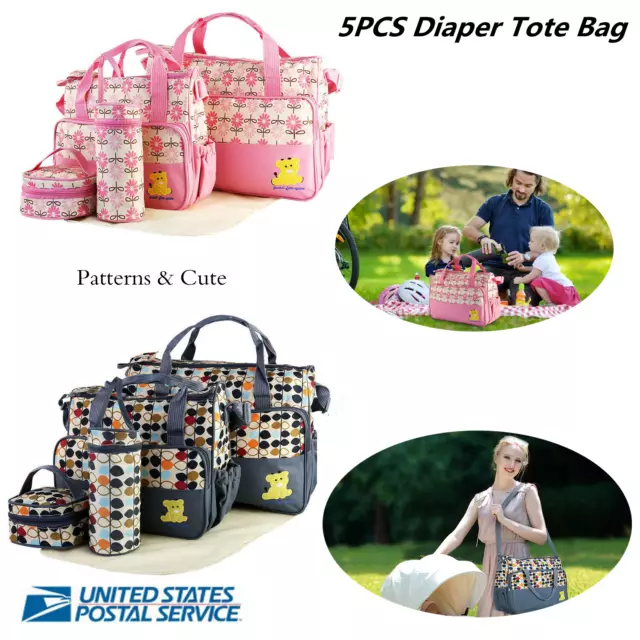 5PCS Baby Diaper Bags Mommy Tote Handbag Baby Changing Diaper Nappy Bag Multiple