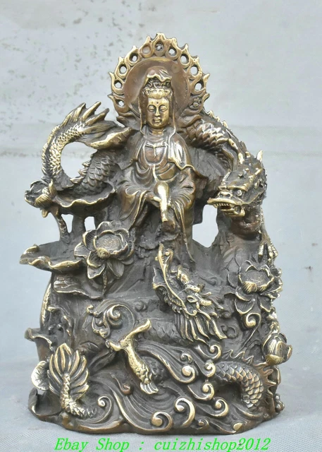 6" Old Chinese Bronze Dragon GuanYin Kwan-Yin Goddess Bodhisattva Buddha Statue