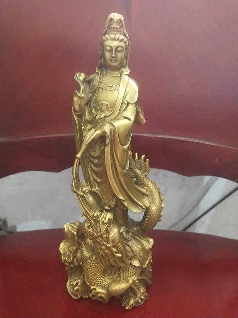 Chinese Buddhism old Bronze Dragon Guanyin Kwan-yin Bodhisattva statue 23856