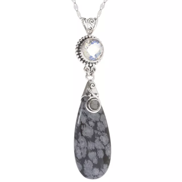 Offerings Sterling Silver 40x16 mm Snowflake Obsidian/Gemstone Pendant  Necklace