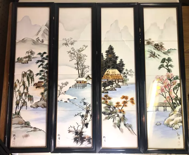 Four Vintage Japan Ceramic Tile Framed Art Panels Hand Painted Seasonal Signed