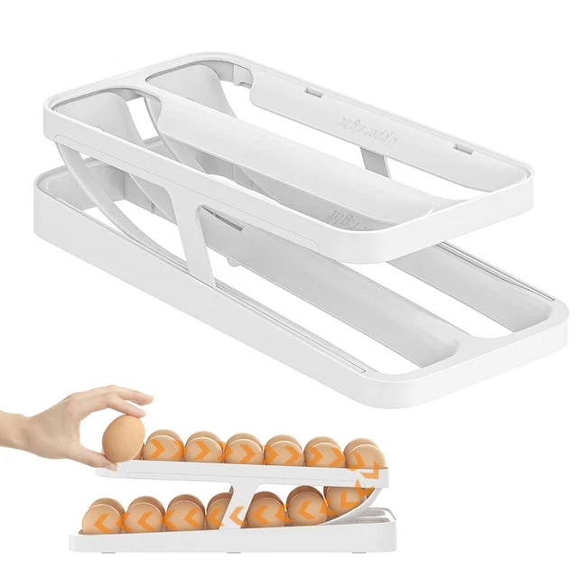 Rangement œufs Frigo Double Couche - Distributeur Automatique Pour 12 à 14 œufs, Organisateur Réfrigérateur Blanc - 4
