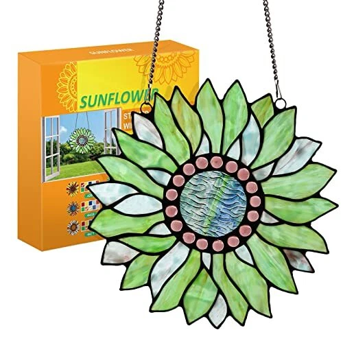 Large Size Sunflower Stained Glass Window Hangings, Handcrafted Sapphire Green