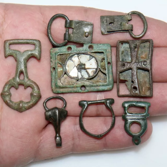 Lot of 8 Ancient Roman military & Byzantine bronze belt buckles-1 with corals 3