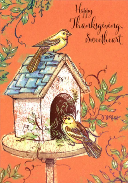 Two Yellow Birds Perched on Birdhouse Thanksgiving Card for Sweetheart