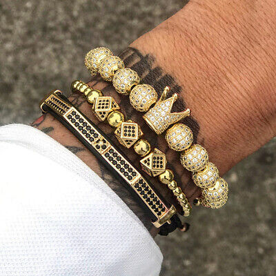 3 Pcs Luxury Gold Silver Men's Crown Pave CZ Crown Beads Braided Bracelets Set