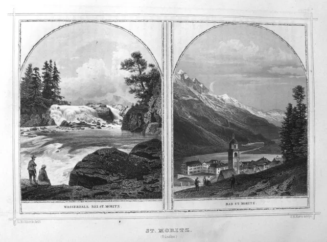 St. Moritz Graubünden Maloja Schweiz Svizzera gravure Stahlstich Rohbock Kurz