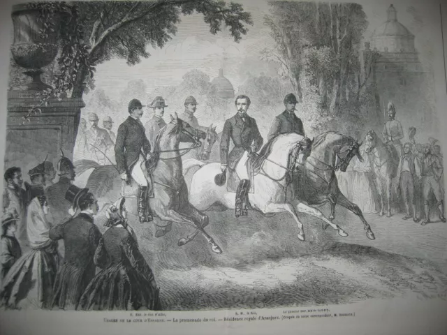 Gravure 1864 - Cour d'espagne La promenade du Roi