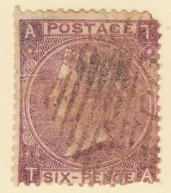 GB QV 1867 6d DEEP LILAC PLATE 6 TA SG105 USED