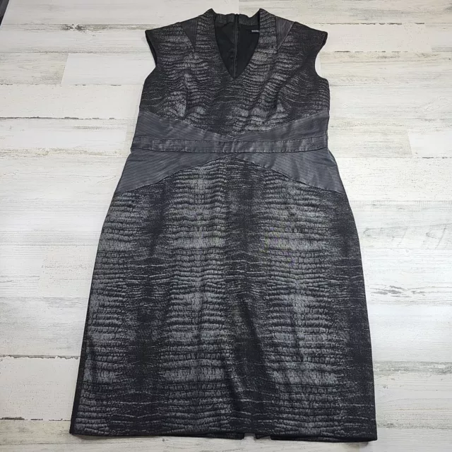 Ellen Tracy Sheath Dress Womens 14 Black V Neck Sleeveless Leather Mix