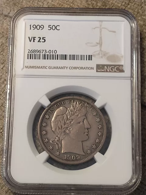 1909 Silver Barber Half Dollar, NGC VF 25, Strong for the Grade