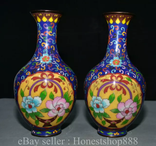 10" Qianlong Marked Old Chinese Bronze Cloisonne Dynasty Flower Bottle Vase Pair