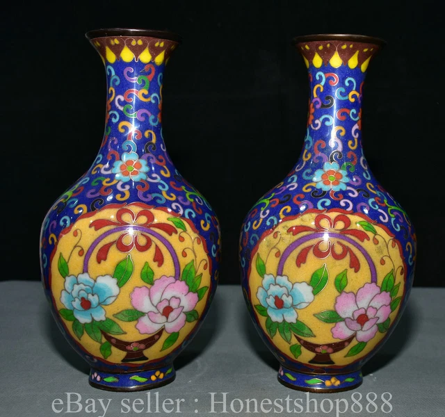 10" Qianlong Marked Old Chinese Bronze Cloisonne Dynasty Flower Bottle Vase Pair