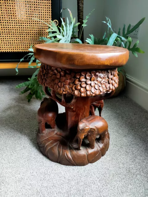 Vintage Hand Carved Elephant Stool With Ornate Decoration All Over Must See Pics