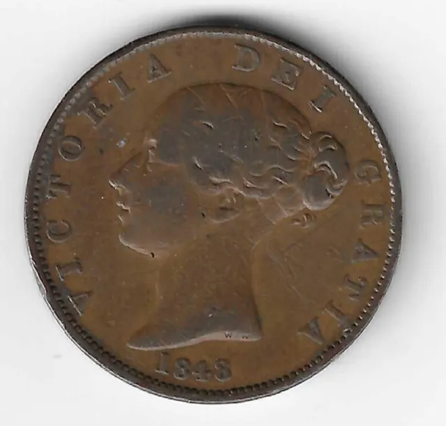 Queen Victoria Young Head Copper Halfpenny 1/2d 1848 Victorian British Coin