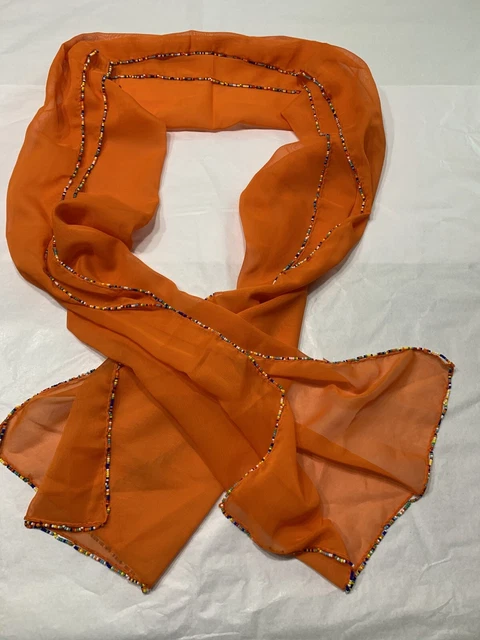 Vtg 90s Orange Chiffon Scarf Glass Bead Edge 55”x14”