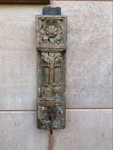 Antique Old Wooden Handcrafted Floral Carved  Wall Hanging Hanger Hook Panel