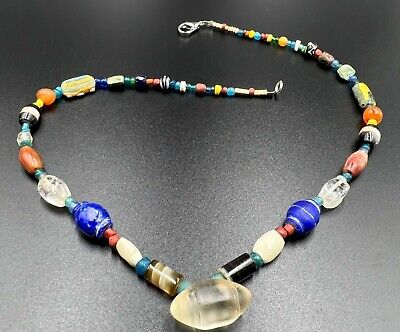 Vintage Jewelry Greek Roman Glass Lapis Agate Old Trade Beads Necklace Dzi Stone