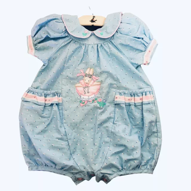 Vintage Daisy Kingdom Baby Girl Romper 18mo Flowers Hearts Applique Bunny Blue