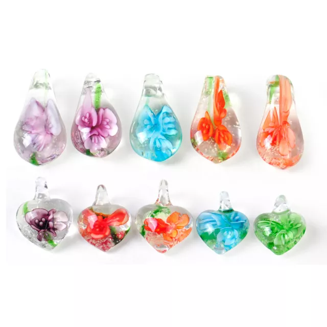 10X Heart Murano Drop Flower Lampwork Glass Bead Pendant Necklace Art Women Pop