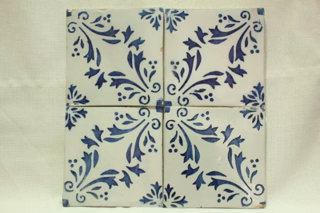4 Antique hand painted portuguese traditional Azulejo blue tile Flower 2 XIX