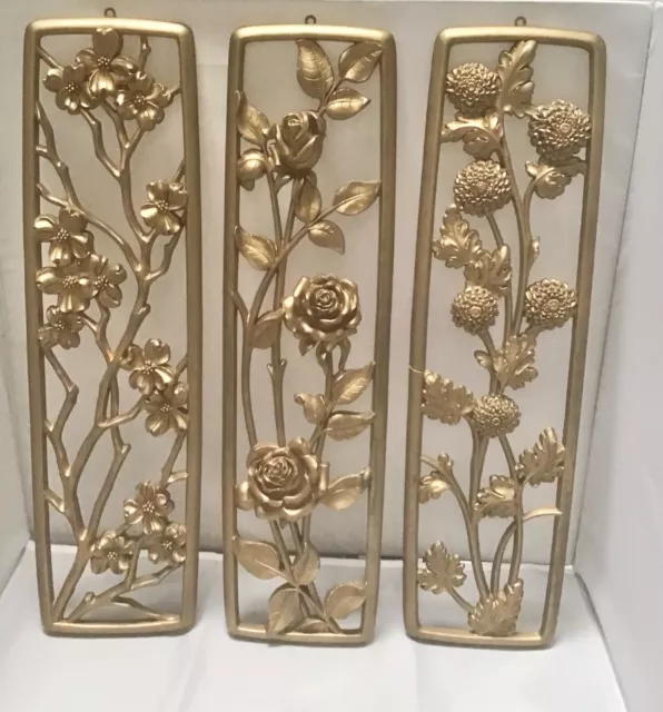 SYROCO GOLD WALL PLAQUES 4773 Set 3 A-C ROSE MUM DOGWOOD HOLLYWOOD REGENCY.