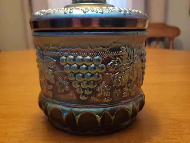 FENTON CENTENNIAL COLLECTION Blue Carnival Grape and Cable Tobacco Jar