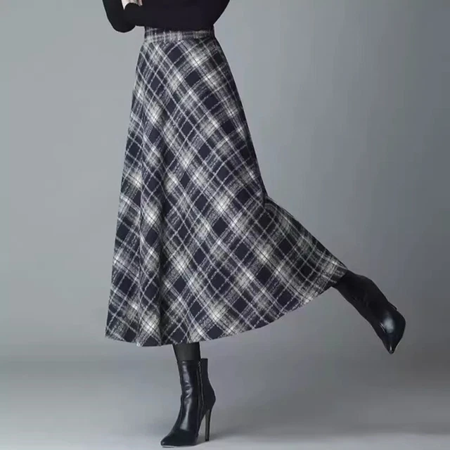 Jupe Midi à Carreaux Vintage – Taille Haute Plissée – Fausse Laine – Femme