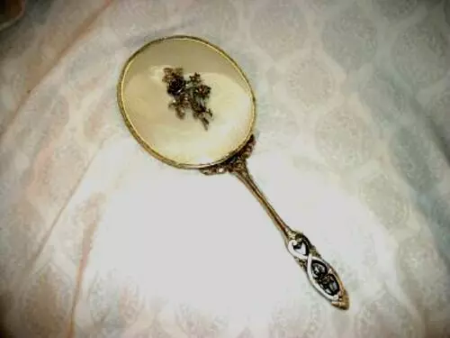 Matson Filigree Ormolu Roses Vanity Hand Mirror Silver Original Label Not Used