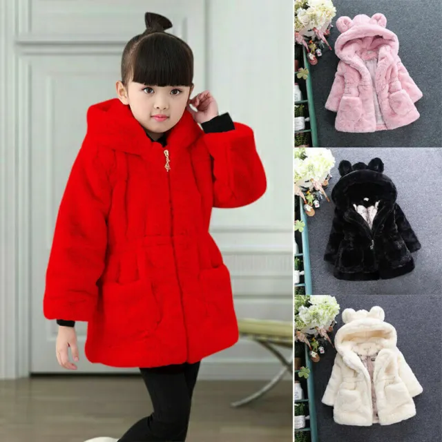 Girls Kids Winter Warmer Faux Fur Coat Puffer Fur Hooded Parka Jacket Outwear ~