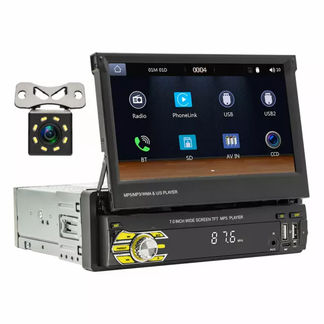 1Din For Autoradio 7 HD Retractable Car Stereo HD Touch Screen Car  Multimedia MP5 Player Wireless Car Radio Support USB/AUX/FM Radio +Camera