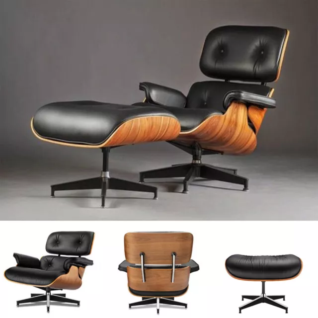 2024 Tall 100% Real Leather Chair Ottoman Set Armchair Club Seat Walnut Black