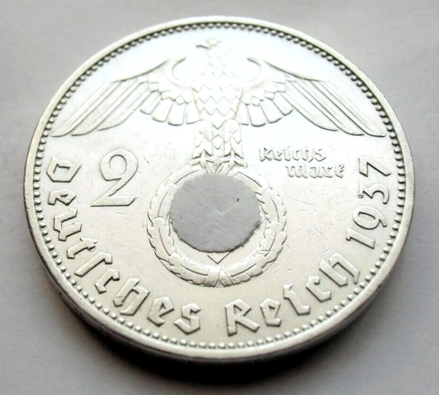 (283) WWII German 2 Mark  - 1937 A  -  SILVER -  COIN - BIG SWASTIKA