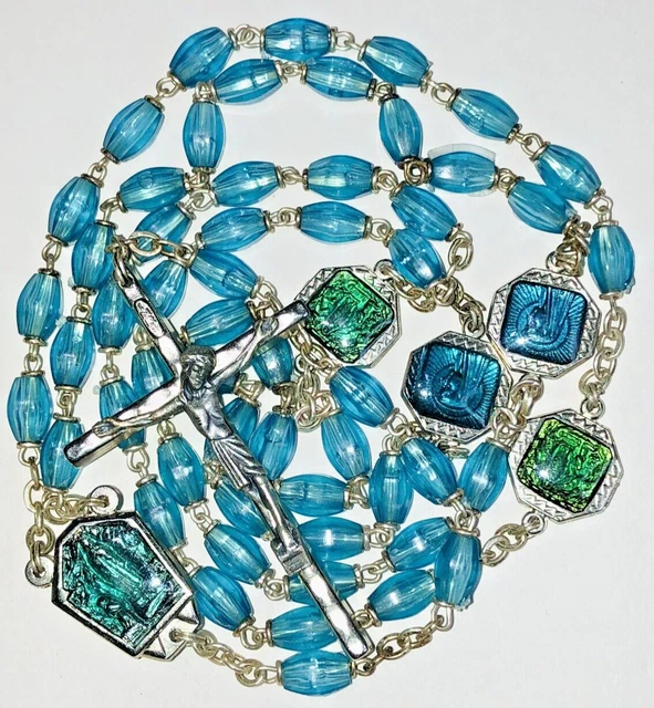 Vintage Lourdes Water Rosary Green/Aqua Enamel EauDeLourdes, Ribbed Barrel Beads
