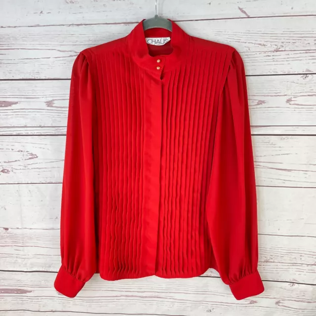Vintage Chaus Made in Hong Kong Women's Red Pleated Button Down Shirt Size 14