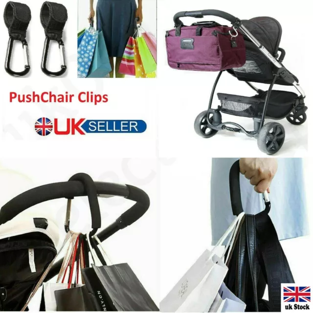 2 Pram Clips | Universal Baby Buggy Pushchair Stroller Shopping Bags Hook Straps