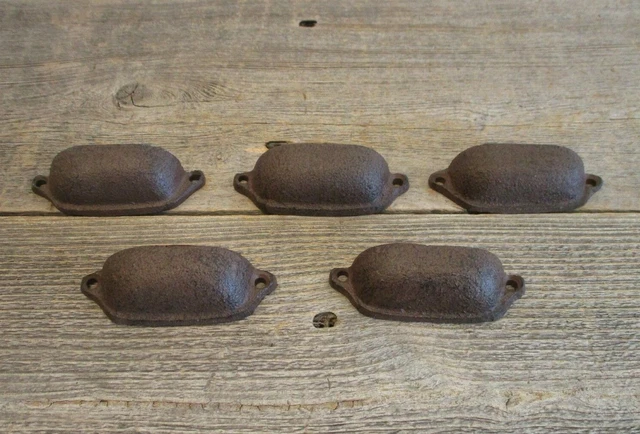 5 Cast Iron Brown Ornate Pulls Drawer Cabinet Bin Handles Rustic Vintage