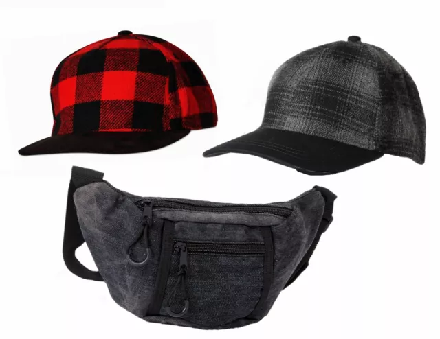 3PK Wonder Nation One-Size Adjustable Hats-Plaid Red/Black/Gray + Fanny Pack NWT