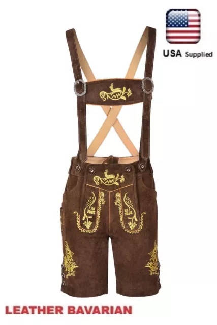 Oktoberfest Authentic Bavarian Lederhosen Men Chocolate Leather Suspender Short