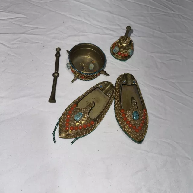 Beautiful Vintage Brass Krishna Shoes Bell & Small Bowl Hand Decorated W/ Jewels