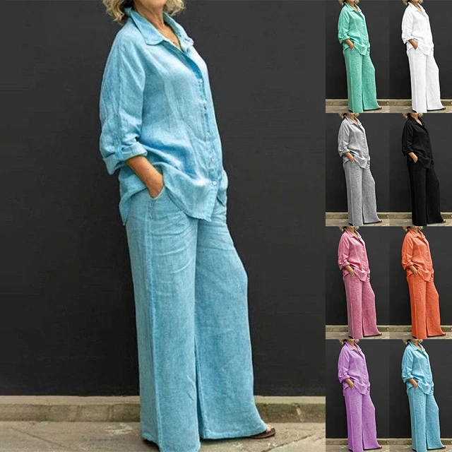 Abiti da donna per il tempo libero camicetta monocolore e pantaloni larghi dritti reversshirt set