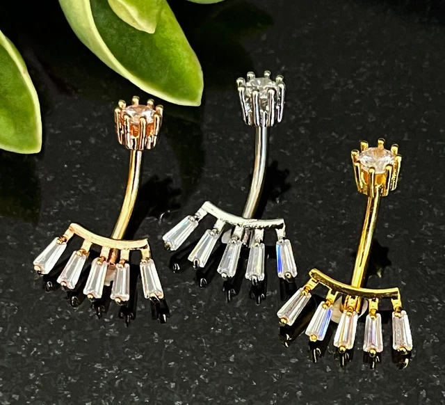 1pc Princess Cut CZ Gem Fan Steel Belly Ring Navel Naval Internally Threaded