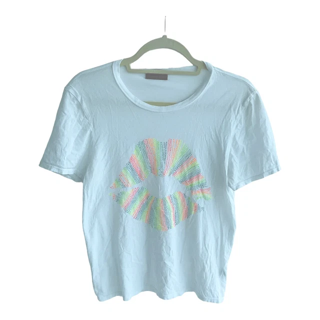 Lauren Moshi Aqua Pastel Rainbow Rhinestone Lips White Tee Cotton Top XS Lauren Moshi Aqua Pastel Rainbow Rhinestone Lips White Tee Cotton Top XS