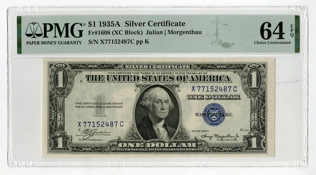 United States Silver Certificate, 1935A, $1, Fr#1608. PMG graded CH Unc 64 EPQ