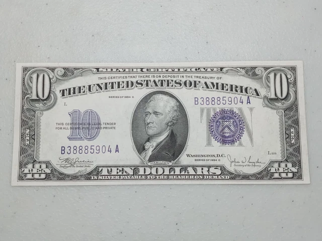 "888" Better Grade 1934 C $10 Ten Dollar Silver Certificate Note Blue Seal, A80