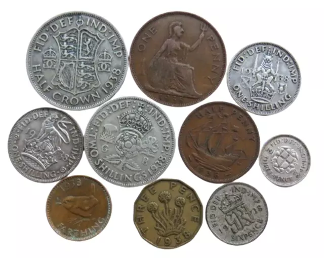 1938 King George VI 10 Coin Year Set Halfcrown - Farthing Great Britain