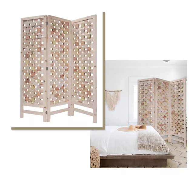 HomeRoots 376799 3 Panel Pink Room Divider with Cut Square Wood Design