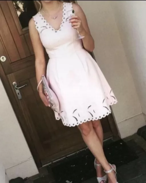 TED BAKER EMALISE Baby Pink V Neck Embroidered Skater Dress Size 1 UK 8 34.99 PicClick UK